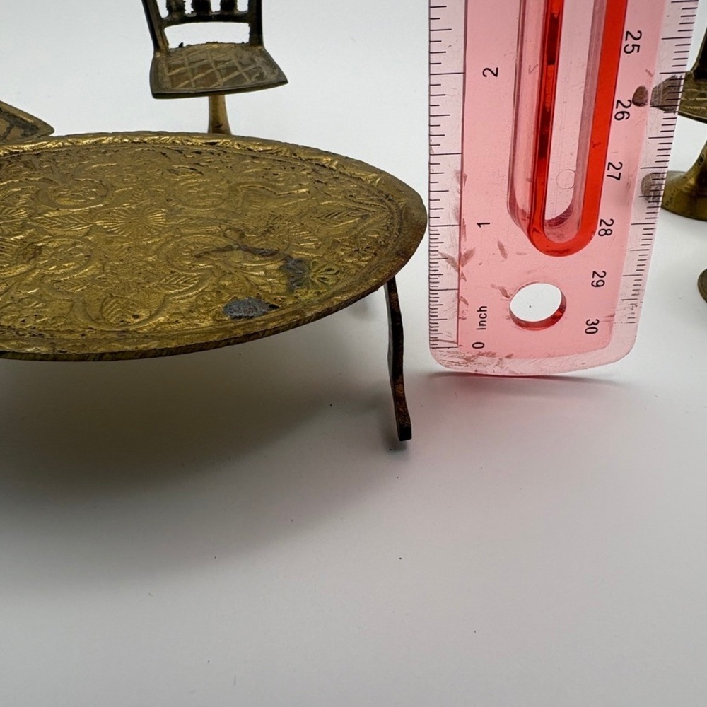 Vintage Miniature Brass Tea Coffee Set Table 4 Chairs Teapot 4 Cups Dollhouse - Picture 15 of 16